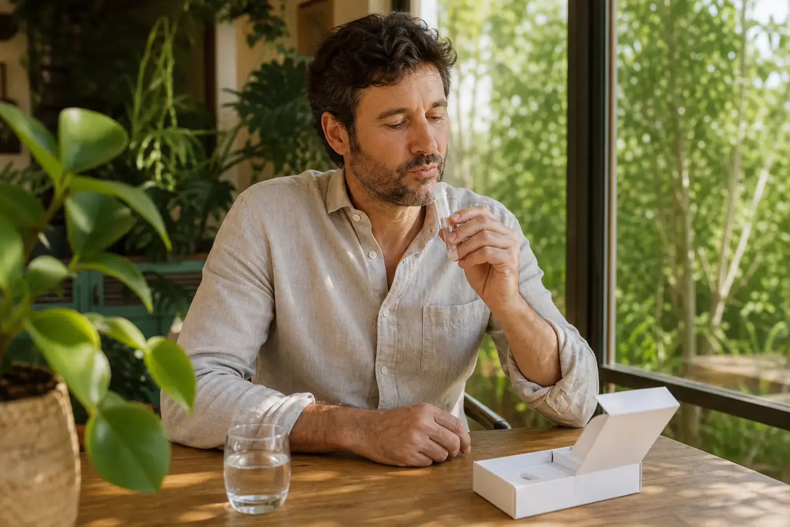 Persona tomando la muestra de saliva en casa, con luz natural