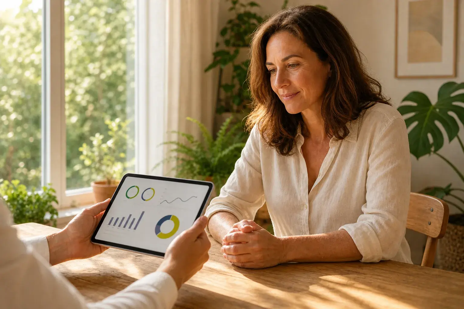 Revisión clínica con tablet, en una sala luminosa con plantas