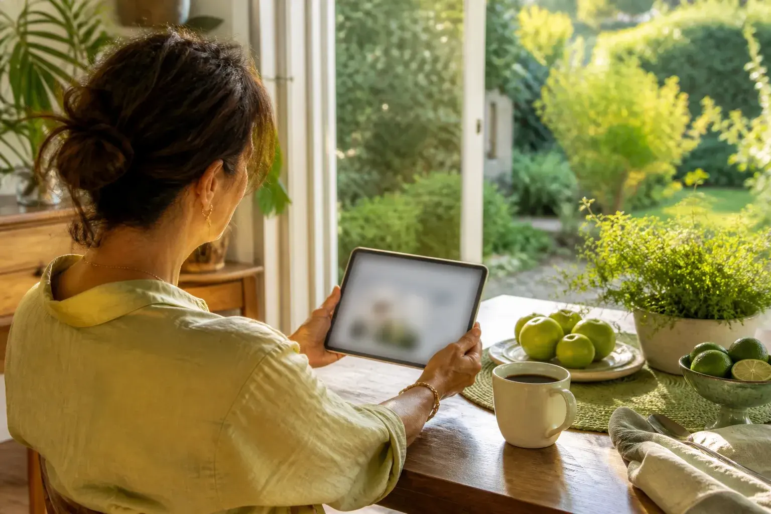 Cuestionario en tablet junto a un desayuno con luz de jardín